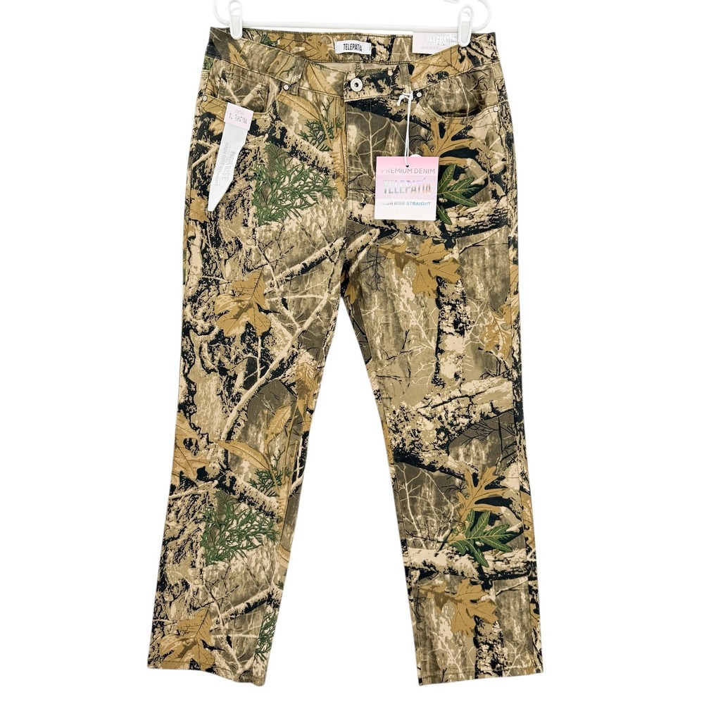 Telepatia Women's Stretch Brown Forest Camo Pants 18W High Rise Straight Leg NWT